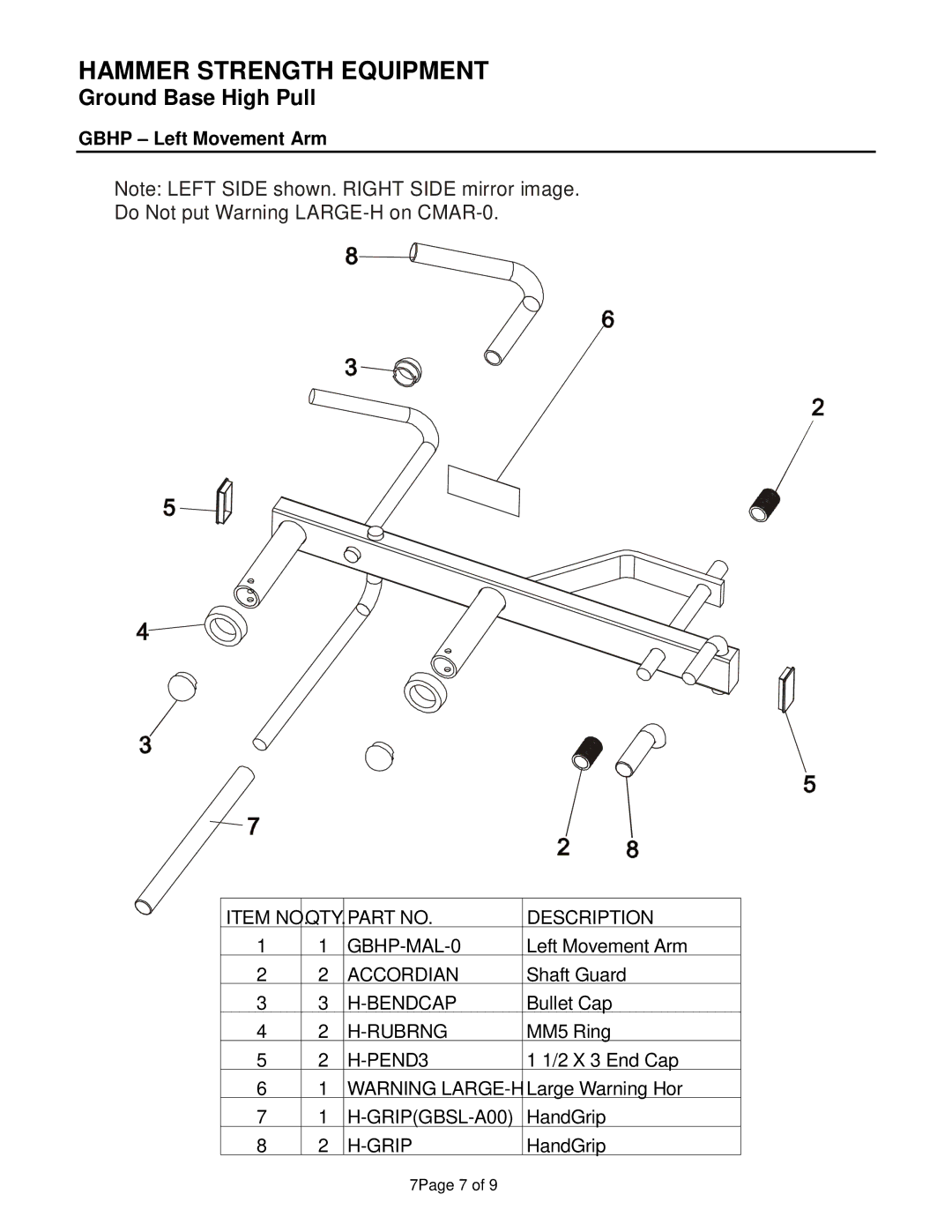 Life Fitness GBHP manual Do Not put Warning LARGE-H on CMAR-0, Gbhp Left Movement Arm 