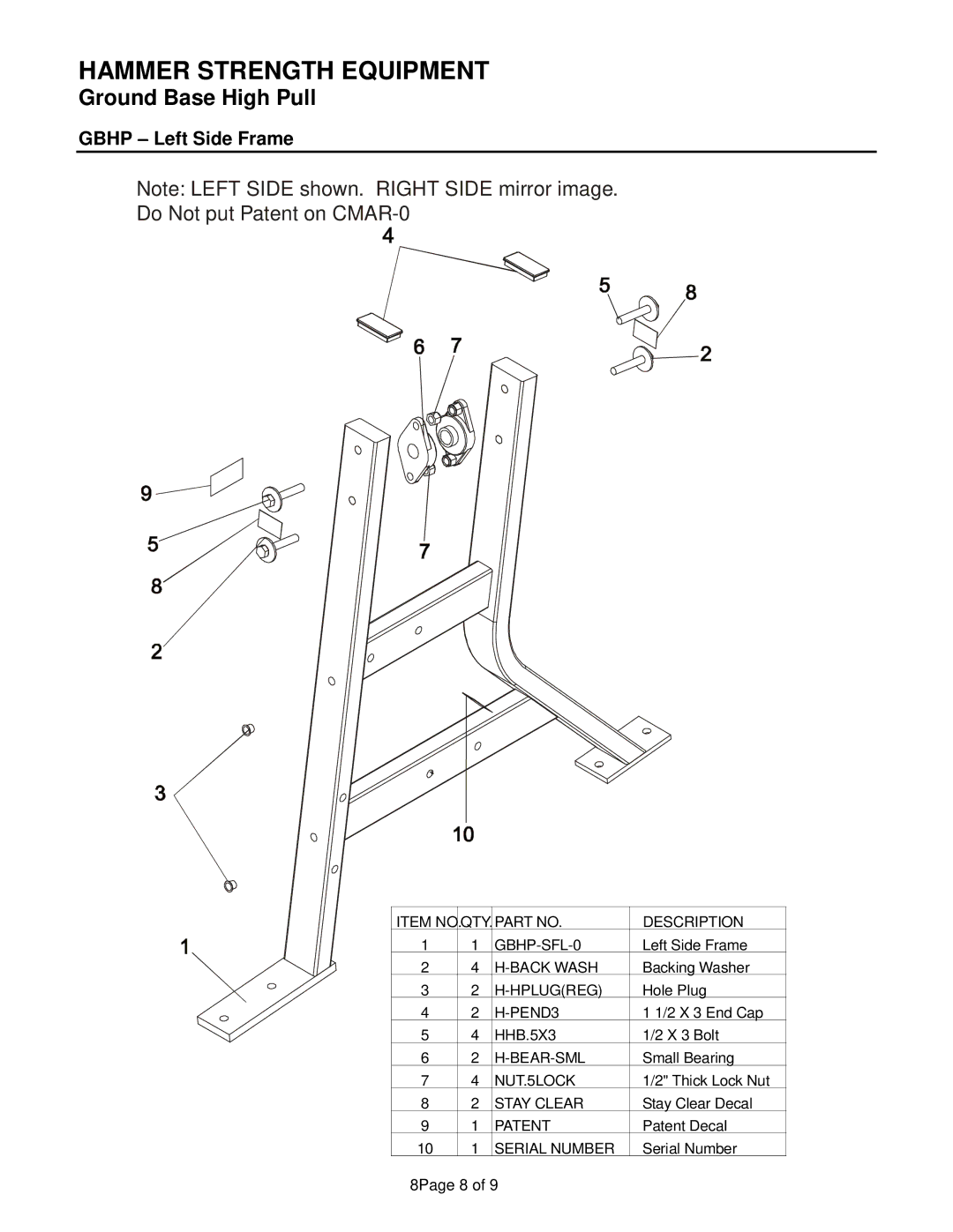 Life Fitness GBHP manual Do Not put Patent on CMAR-0, Gbhp Left Side Frame 