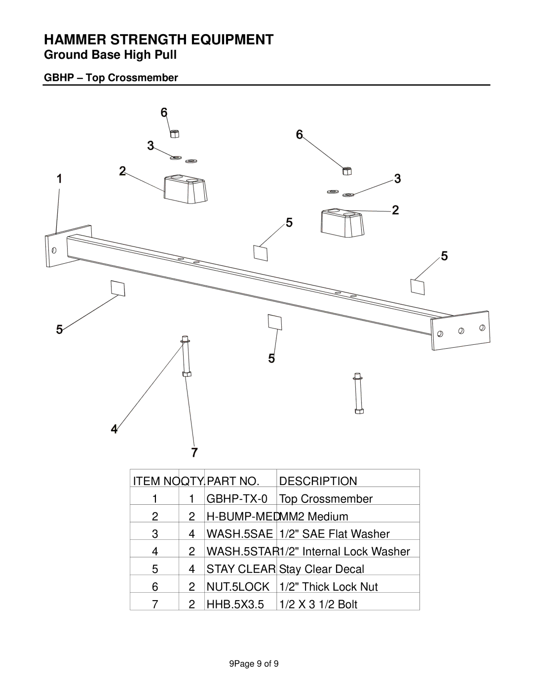 Life Fitness manual Item NOQTY. .PART no Description GBHP-TX-0, Gbhp Top Crossmember 