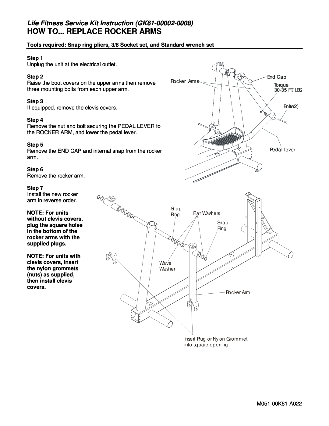 Life Fitness manual How To... Replace Rocker Arms, Life Fitness Service Kit Instruction GK61-00002-0008 
