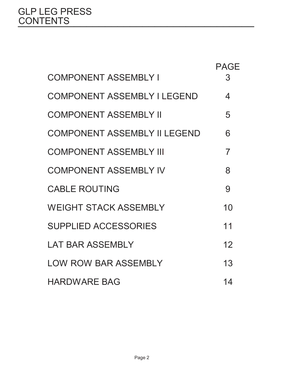 Life Fitness GLP-001 manual GLP LEG Press Contents 