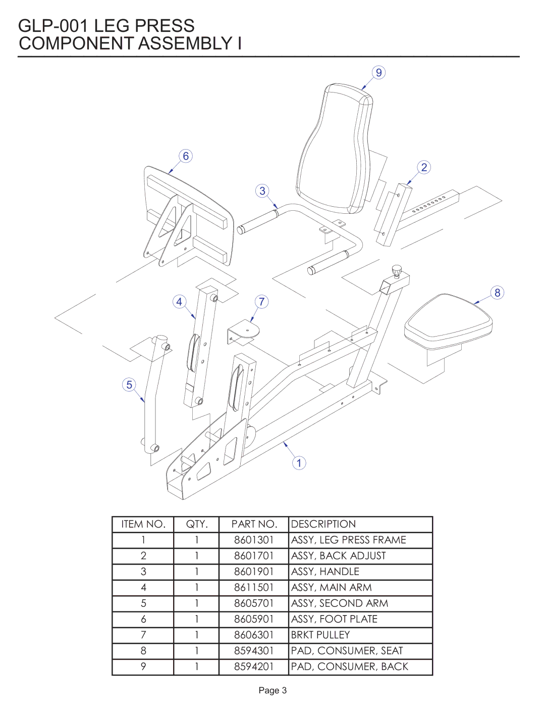 Life Fitness manual GLP-001 LEG Press Component Assembly 