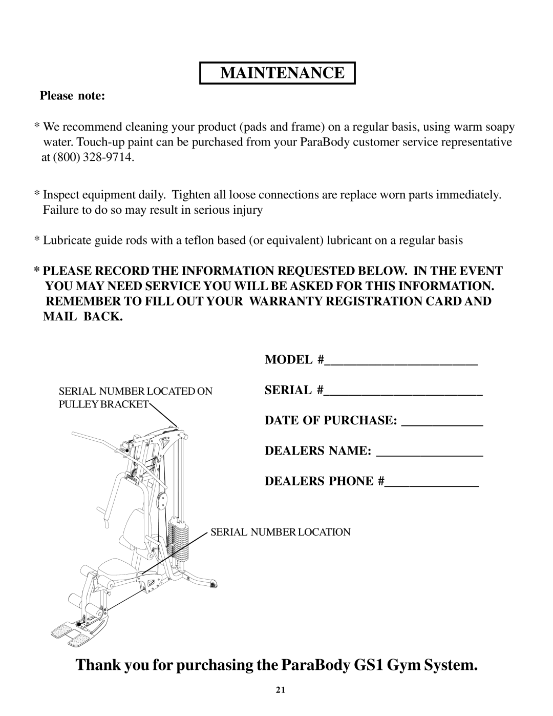 Life Fitness GS1 manual Maintenance 