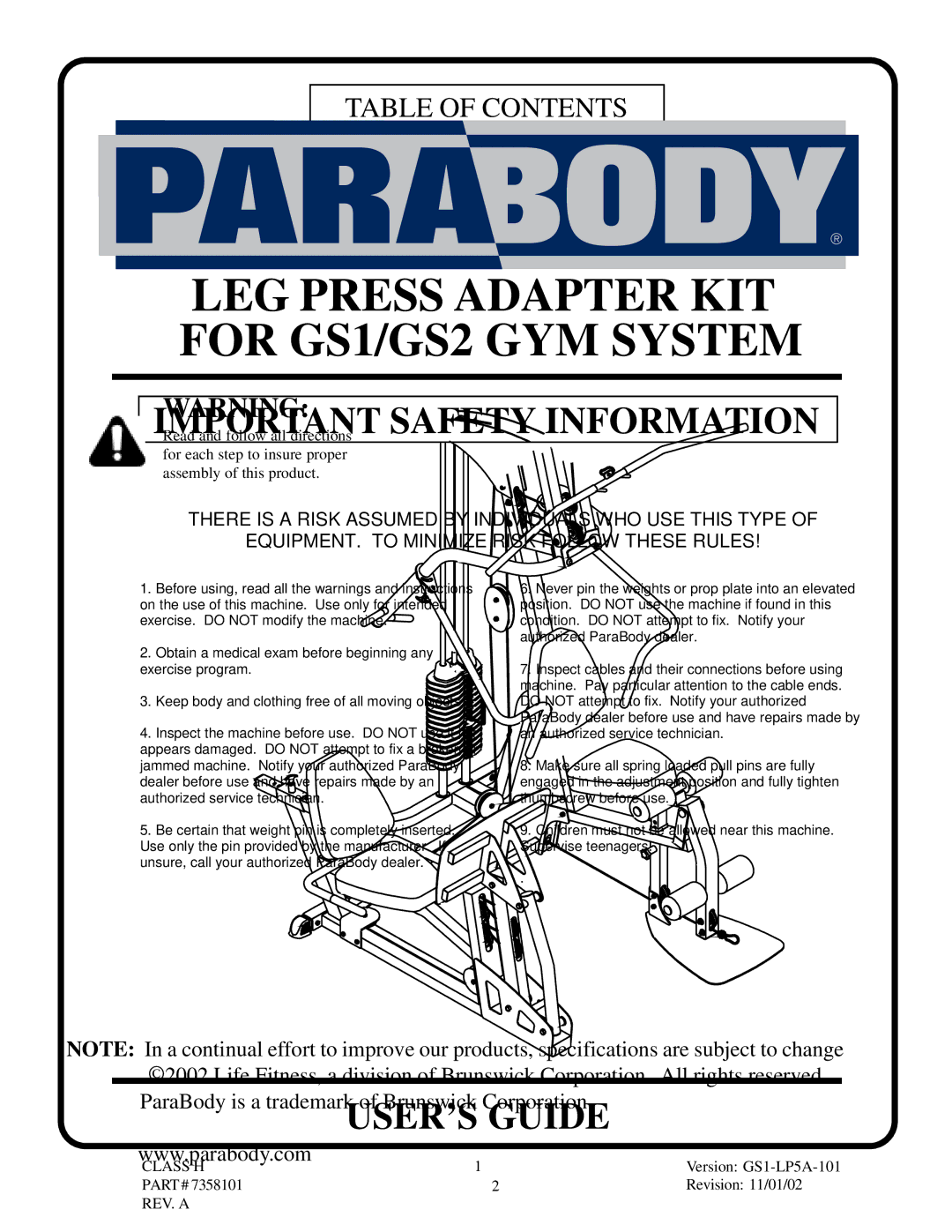 Life Fitness GS2 manual Important Safety Information, Table of Contents 