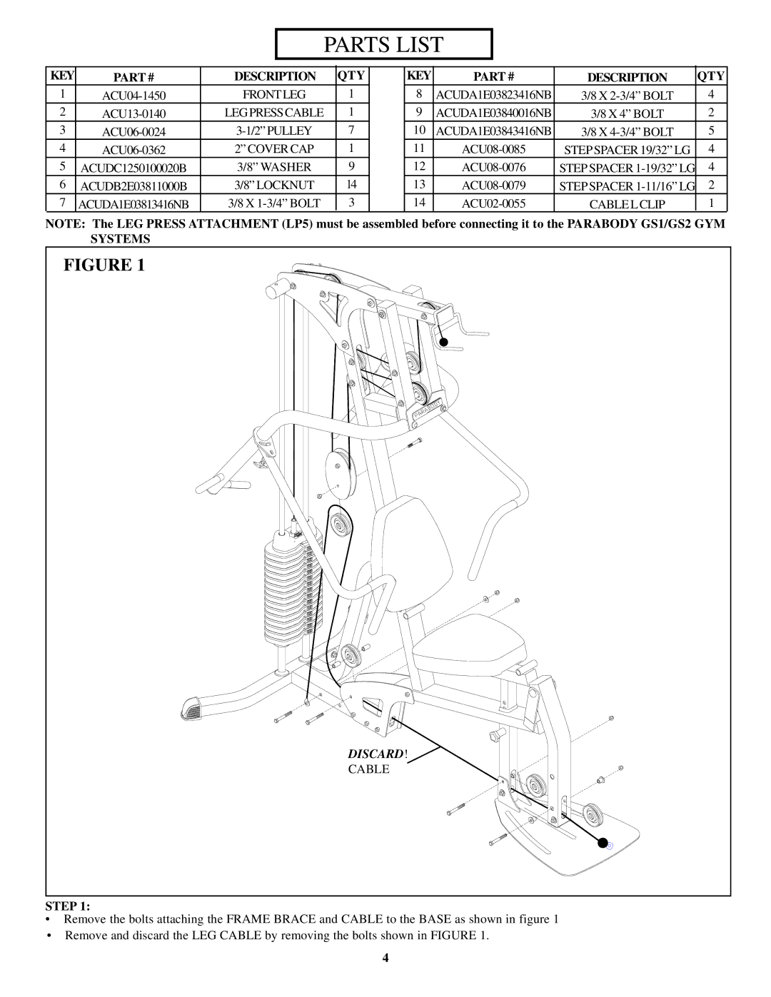 Life Fitness GS2 manual Parts List, KEY Description QTY 