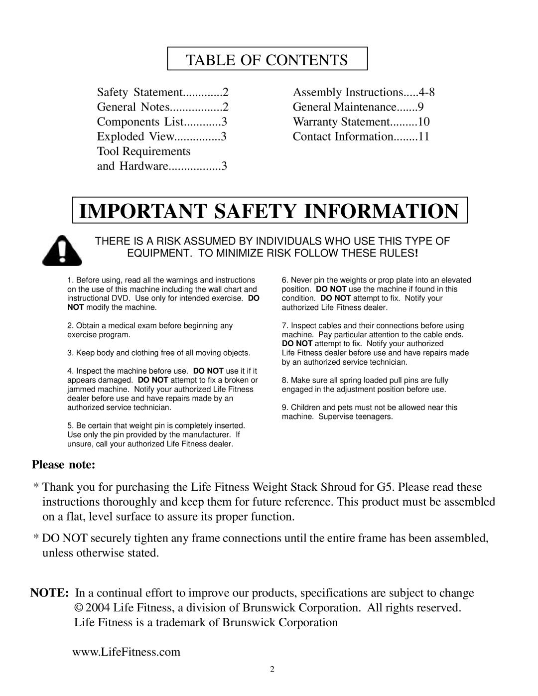 Life Fitness GS5 manual Important Safety Information 