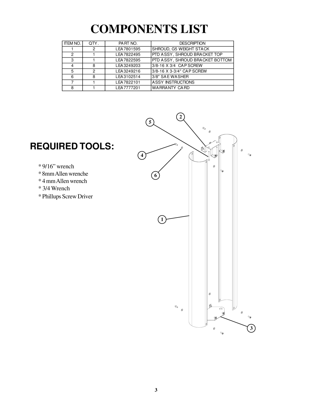 Life Fitness GS5 manual Components List 