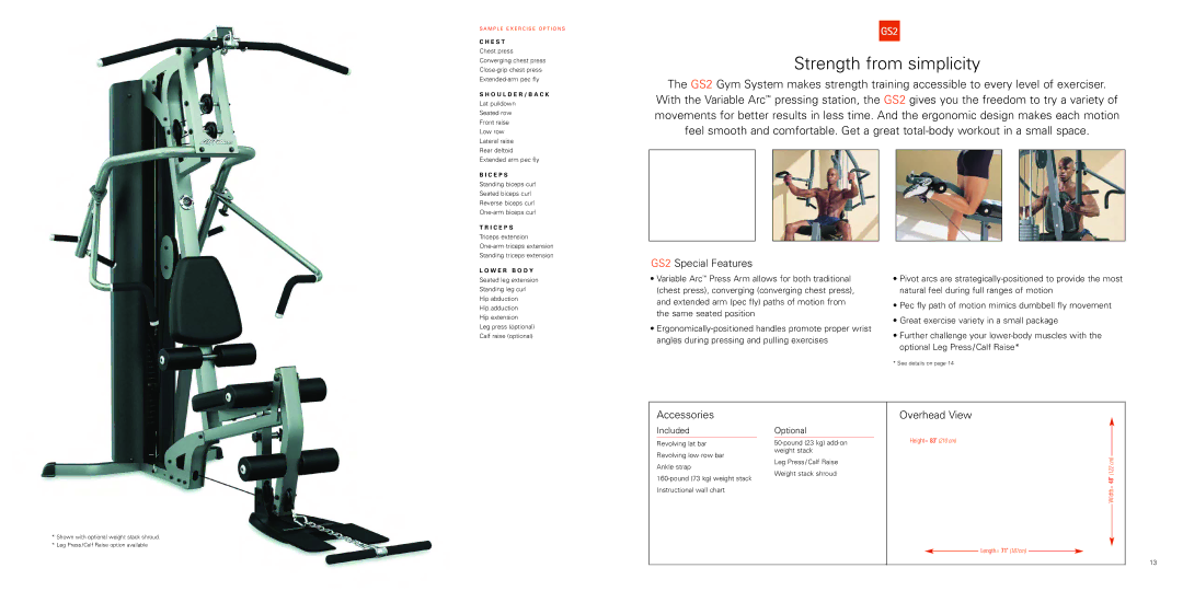 Life Fitness Gym Systems manual Strength from simplicity, GS2 Special Features, Included Optional, Length= 71 181cm 