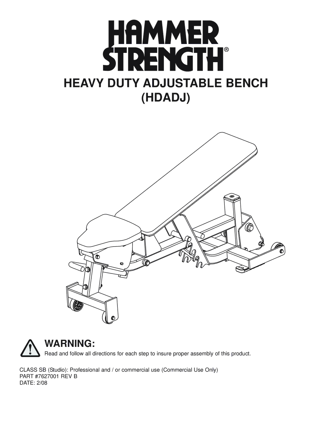 Life Fitness HDADJ manual Heavy Duty Adjustable Bench Hdadj 