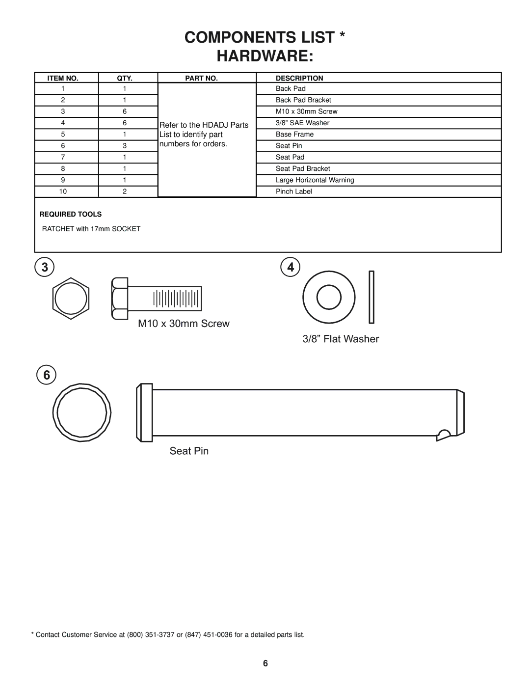 Life Fitness HDADJ manual Components List, Hardware 