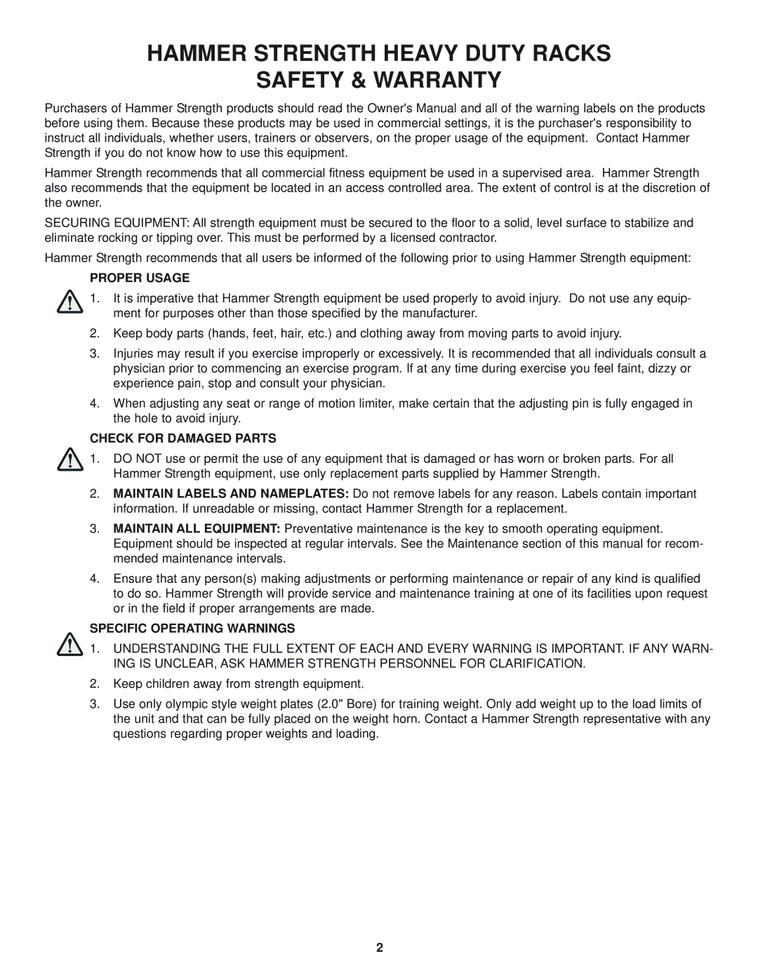 Life Fitness HDCR manual Proper Usage, Check for Damaged Parts, Specific Operating Warnings 