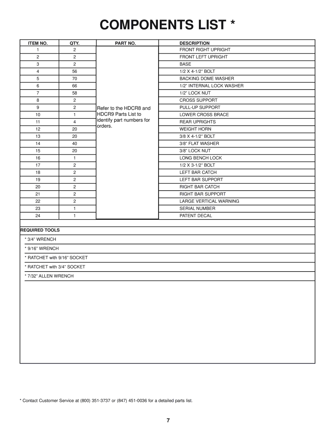 Life Fitness HDCR manual Components List 