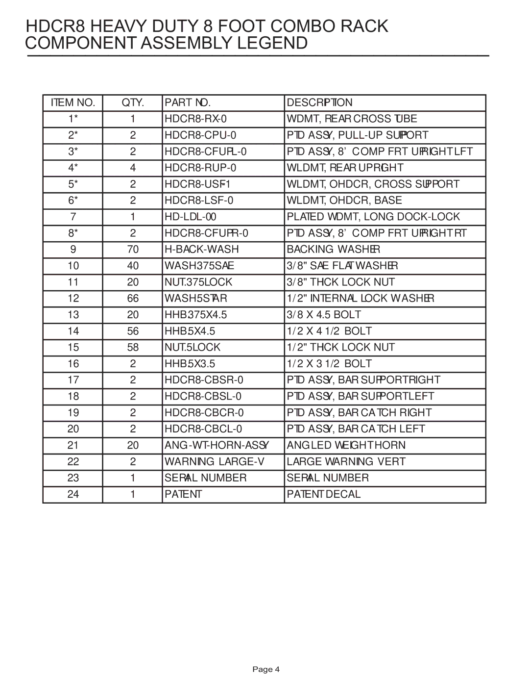 Life Fitness manual HDCR8 Heavy Duty 8 Foot Combo Rack Component Assembly Legend 