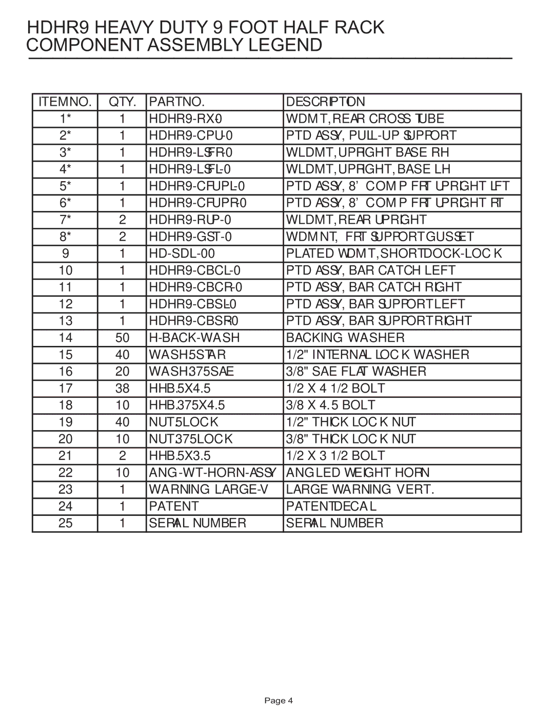 Life Fitness manual HDHR9 Heavy Duty 9 Foot Half Rack Component Assembly Legend 