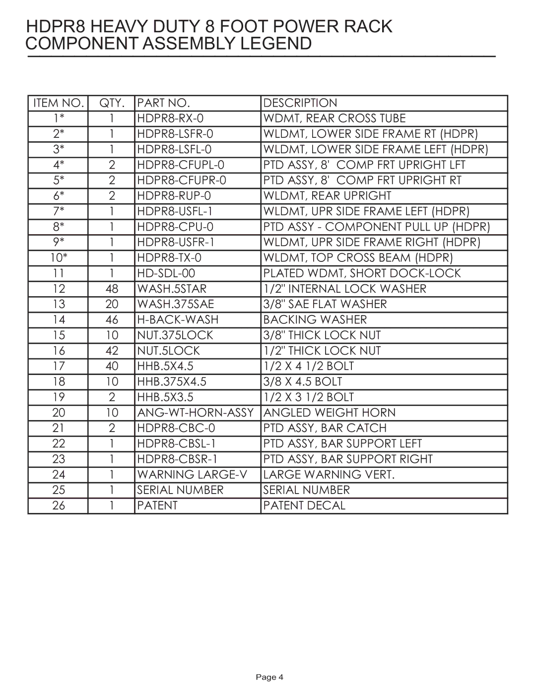 Life Fitness manual HDPR8 Heavy Duty 8 Foot Power Rack Component Assembly Legend 