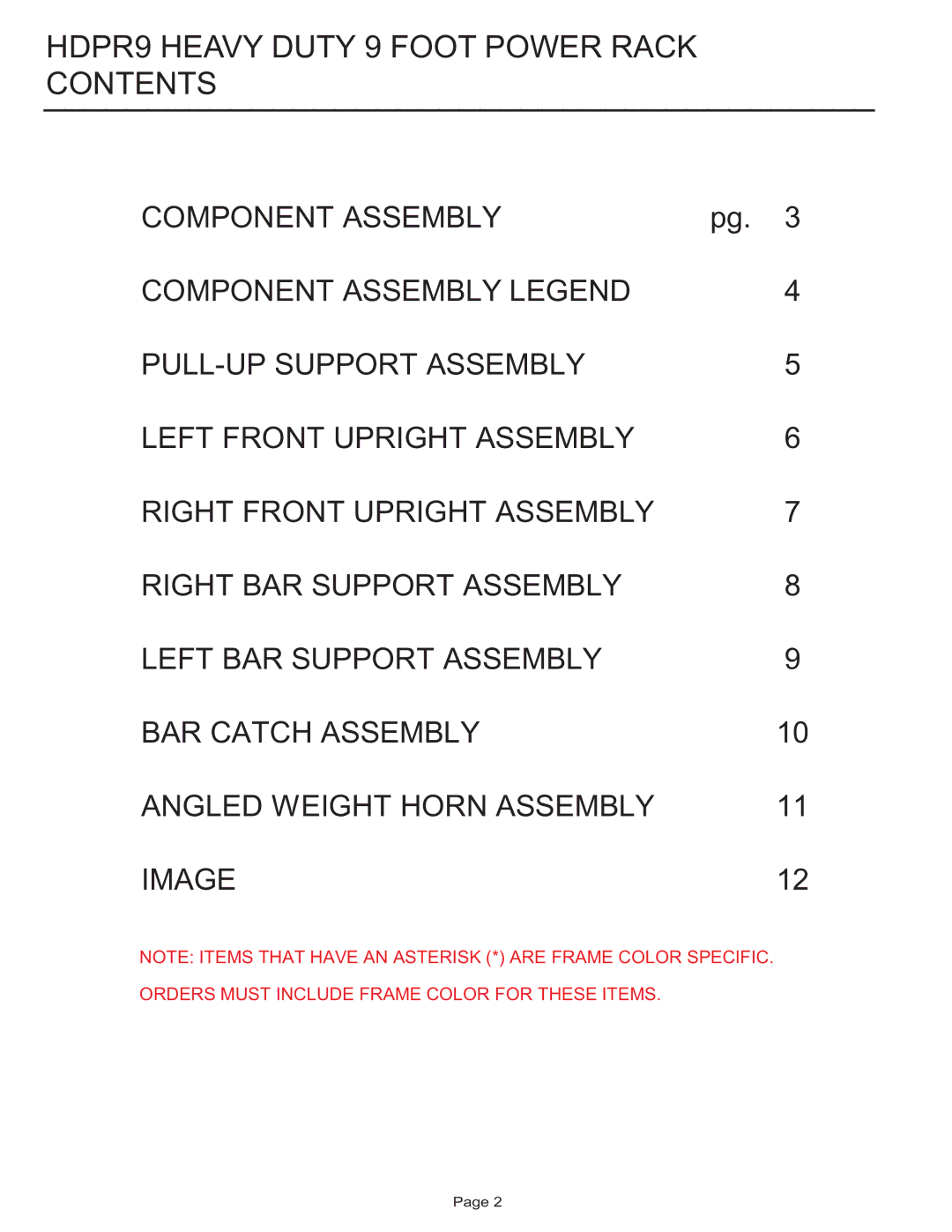 Life Fitness manual HDPR9 Heavy Duty 9 Foot Power Rack Contents 