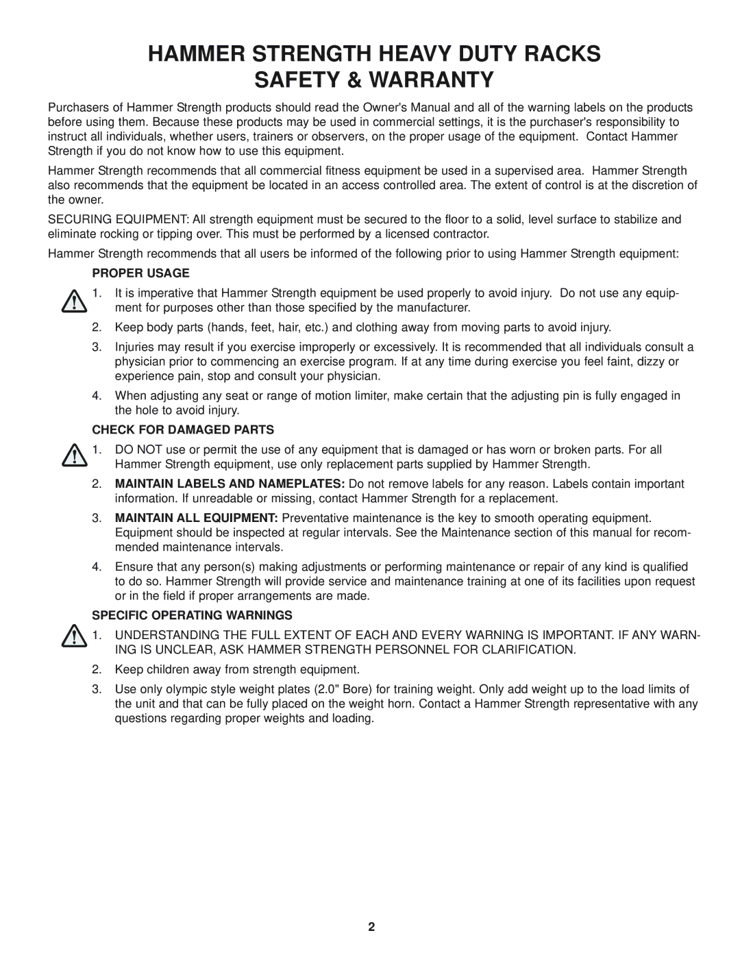 Life Fitness Heavy Duty Multi Rack manual Proper Usage, Check for Damaged Parts, Specific Operating Warnings 