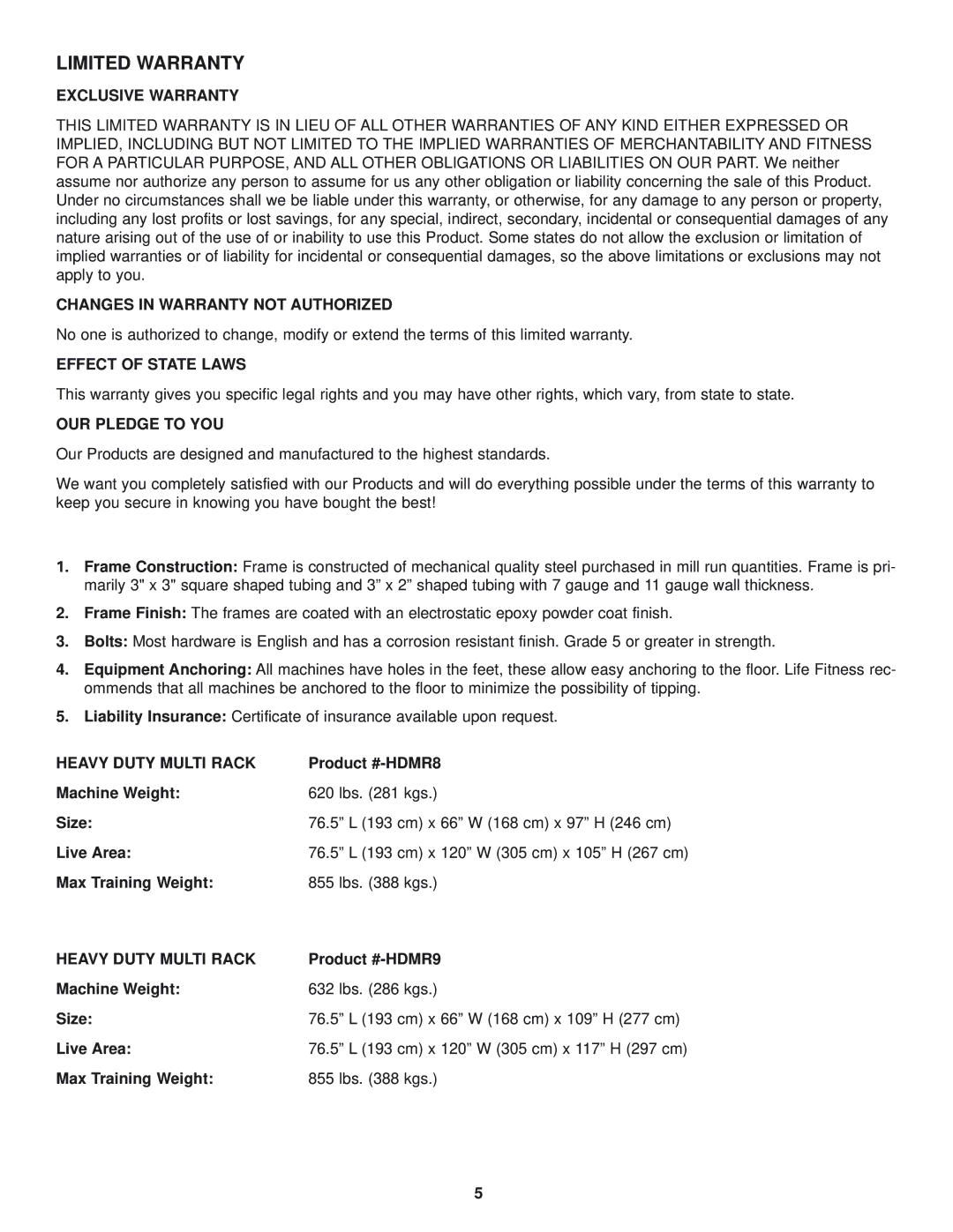 Life Fitness Heavy Duty Multi Rack manual Exclusive Warranty, Changes in Warranty not Authorized, Effect of State Laws 