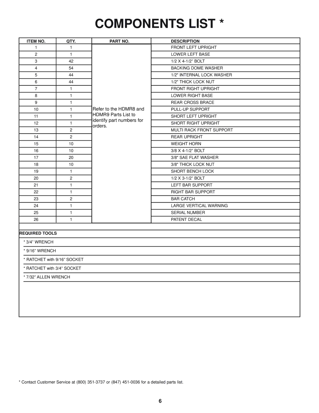 Life Fitness Heavy Duty Multi Rack manual Components List 