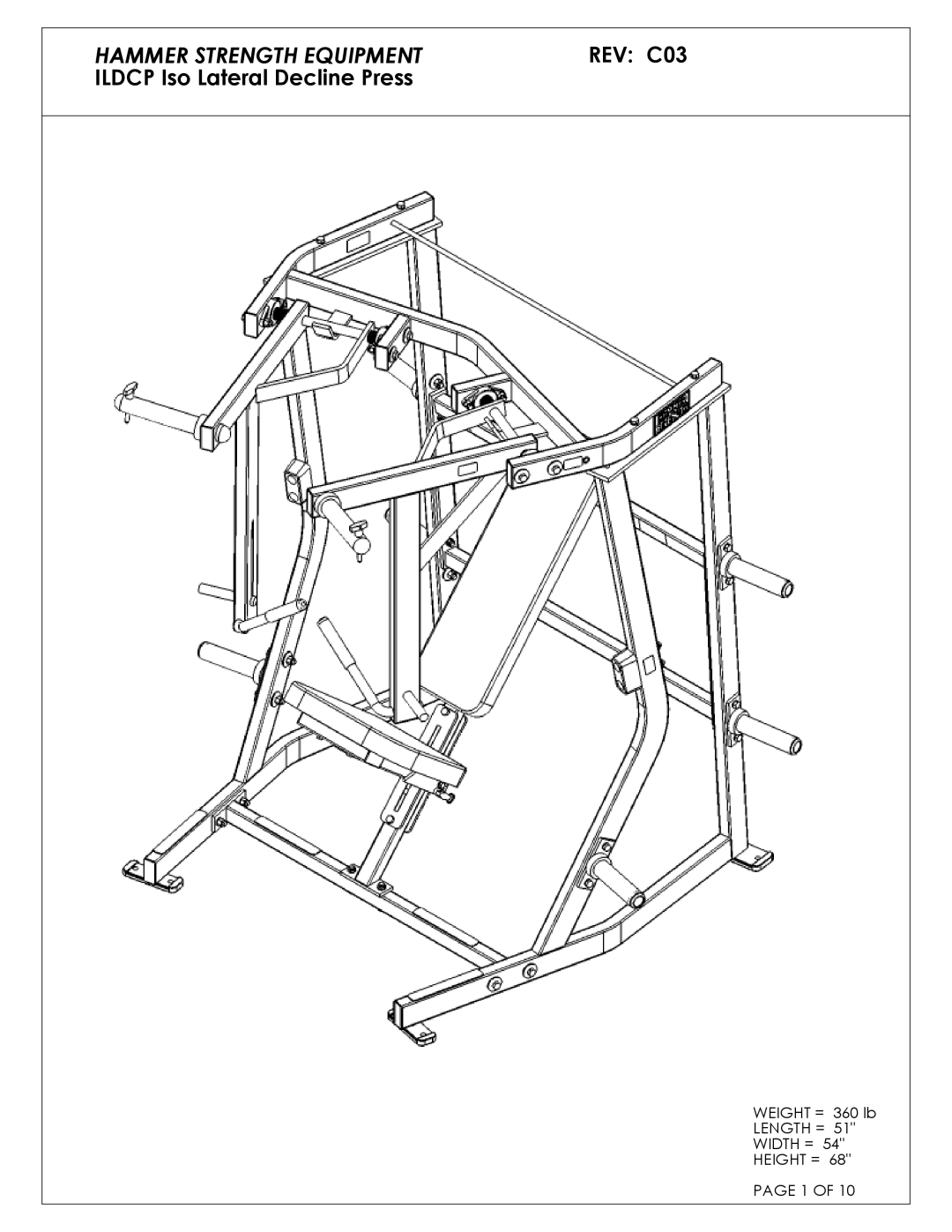 Life Fitness ILDCP-C03 manual Hammer Strength Equipment, REV C03, Ildcp Iso Lateral Decline Press 