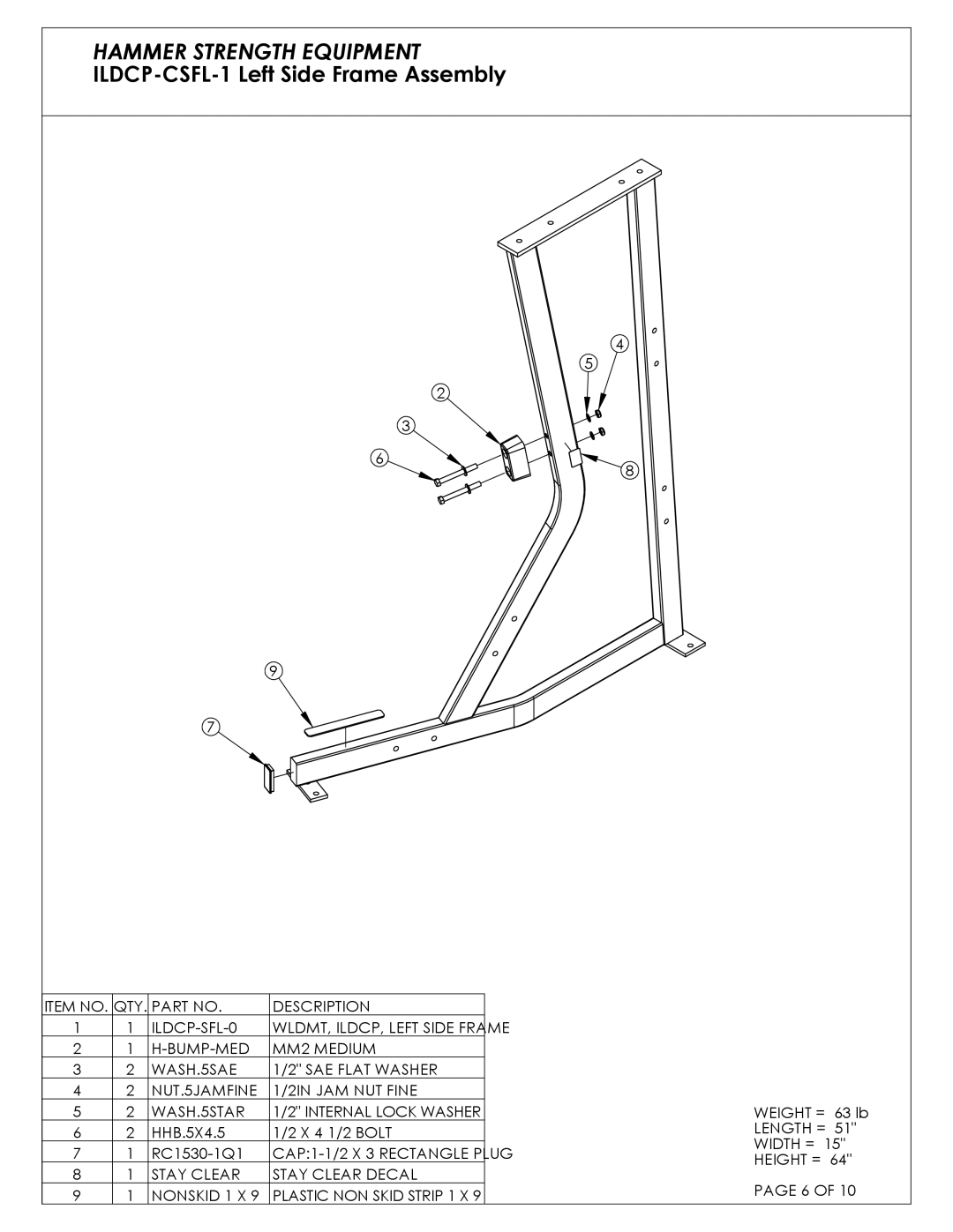 Life Fitness ILDCP-C03 manual ILDCP-CSFL-1 Left Side Frame Assembly 