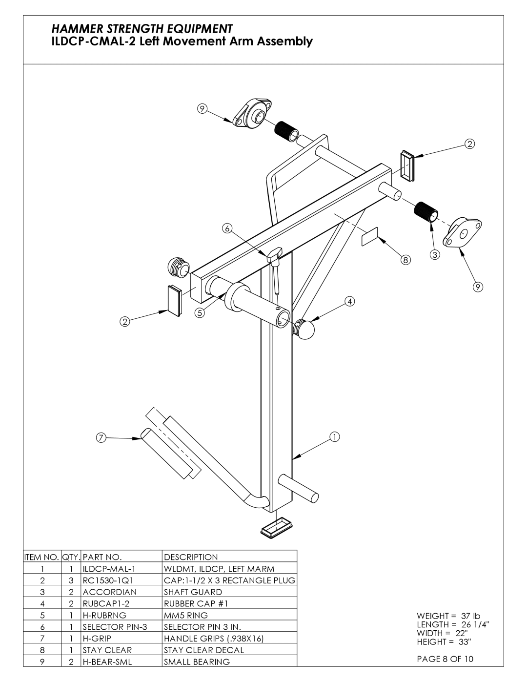 Life Fitness ILDCP-C03 manual ILDCP-CMAL-2 Left Movement Arm Assembly 