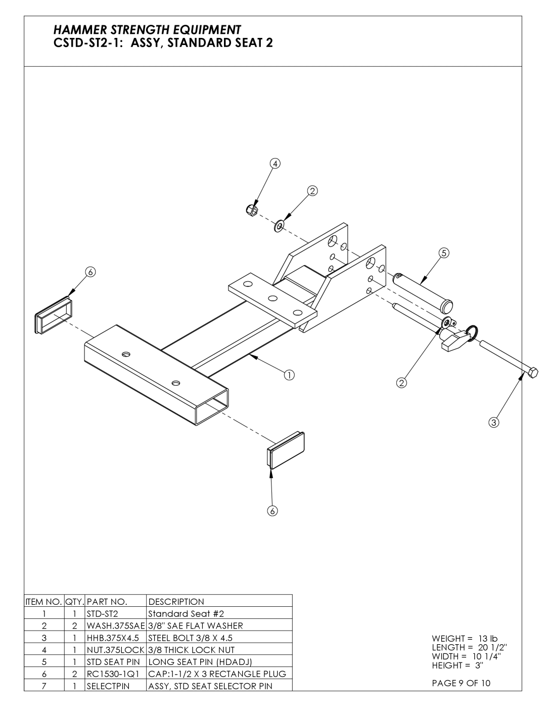 Life Fitness ILDCP-C03 manual Hammer Strength Equipment CSTD-ST2-1 ASSY, Standard Seat 