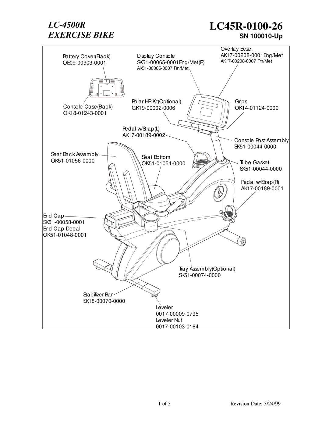 Life Fitness LC-4500R manual LC45R-0100-26, Exercise Bike, SN 100010-Up 