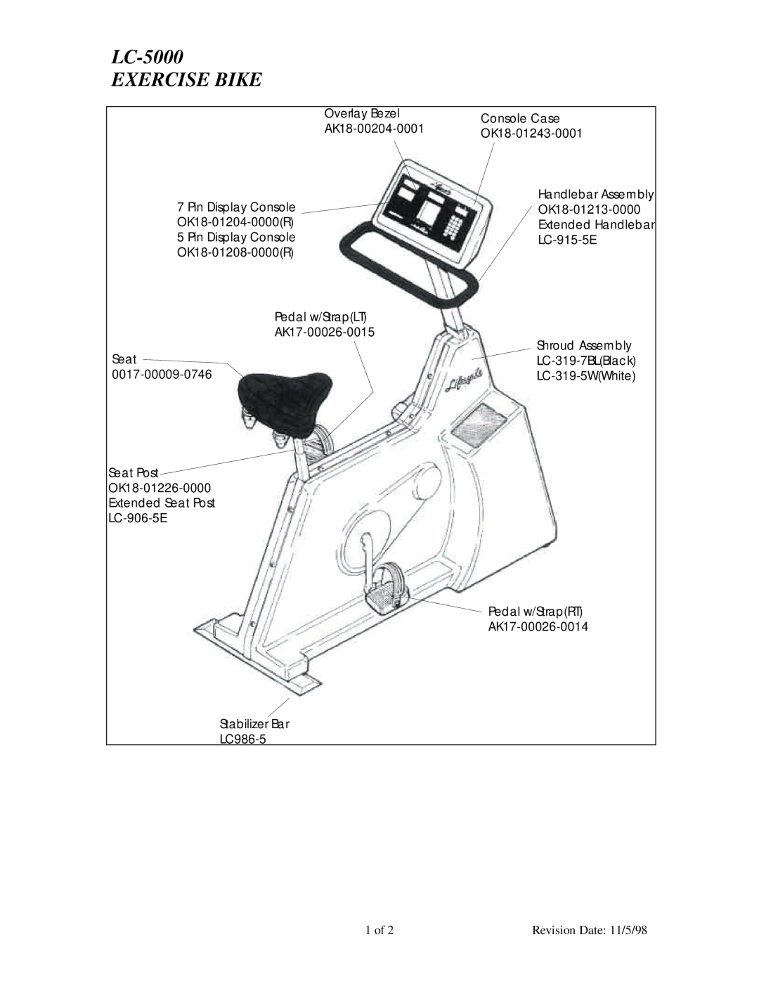 Life Fitness LC-5000 manual Exercise Bike, OK18-01243-0001 