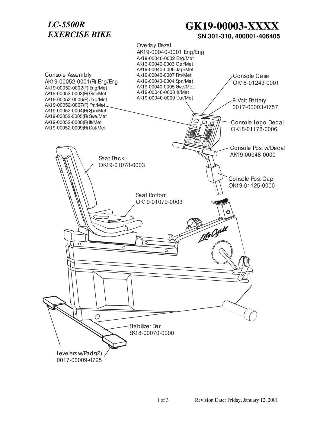 Life Fitness LC-5500R manual GK19-00003-XXXX, Exercise Bike, SN 301-310 