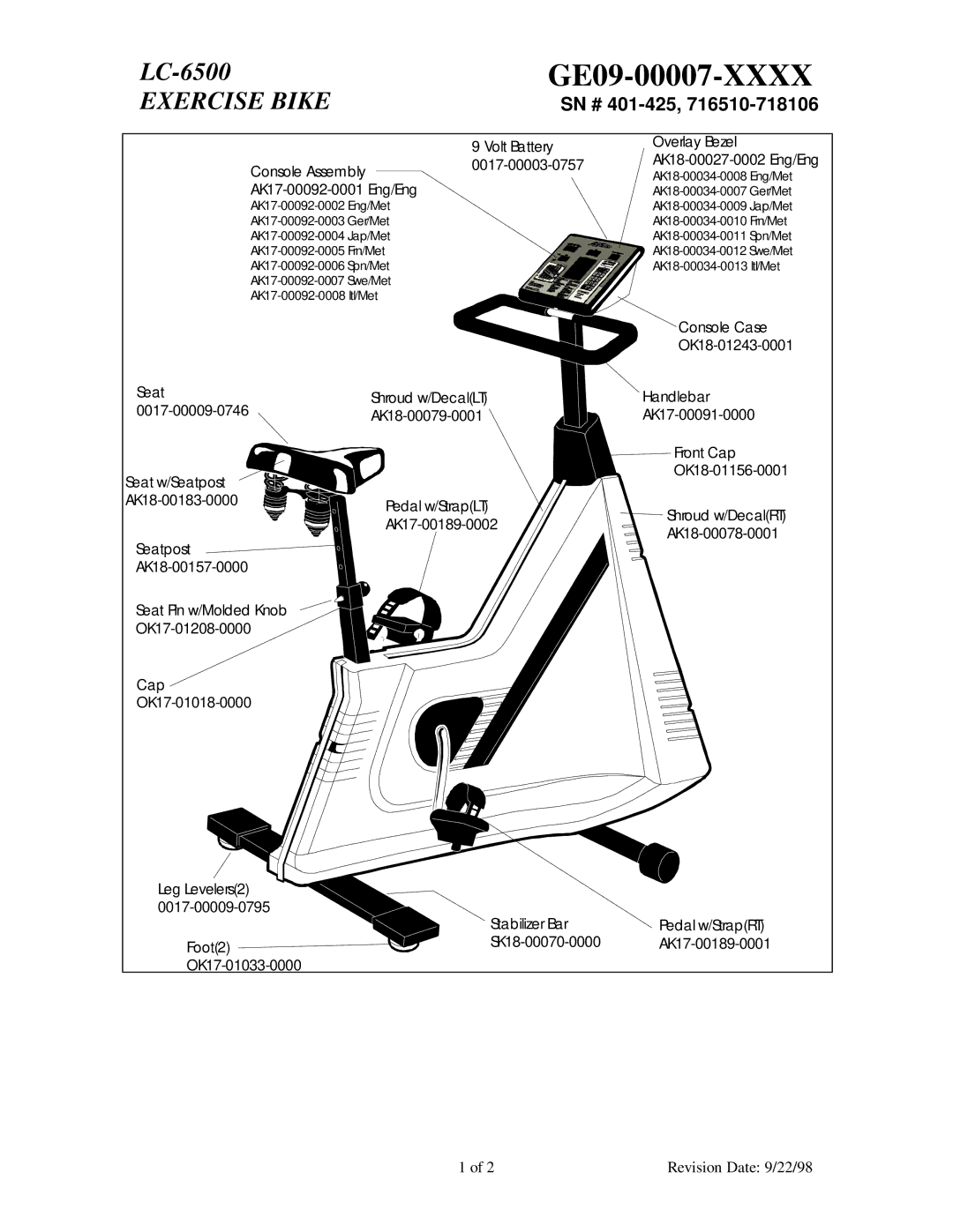 Life Fitness LC-6500 manual GE09-00007-XXXX, Exercise Bike, SN # 401-425 