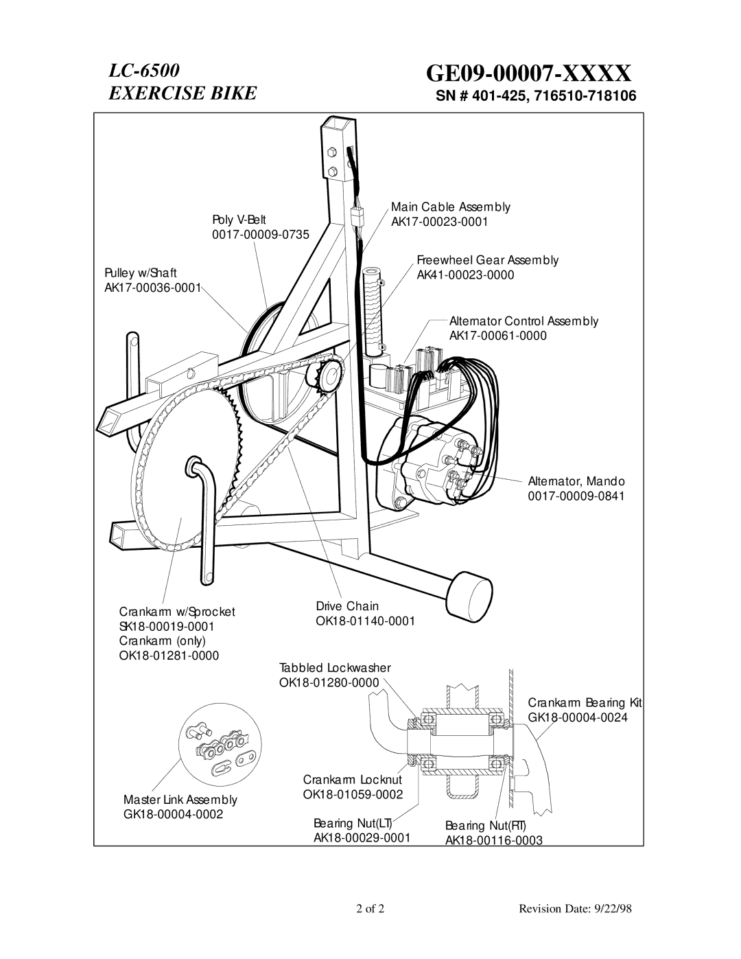 Life Fitness LC-6500 manual OK18-01140-0001, Crankarm Bearing Kit, Crankarm Locknut, OK18-01059-0002, AK18-00029-0001 