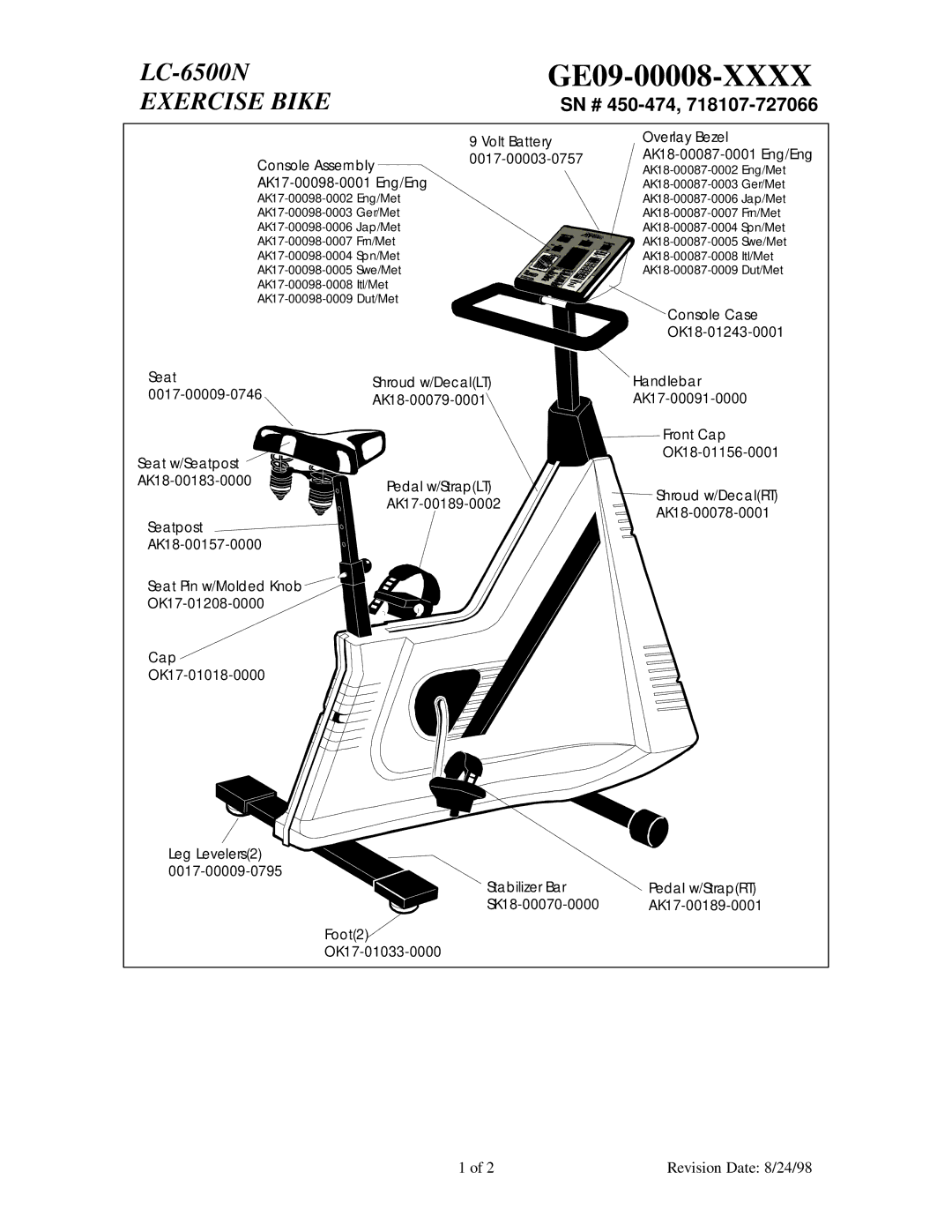 Life Fitness LC-6500N manual GE09-00008-XXXX, Exercise Bike, SN # 450-474 