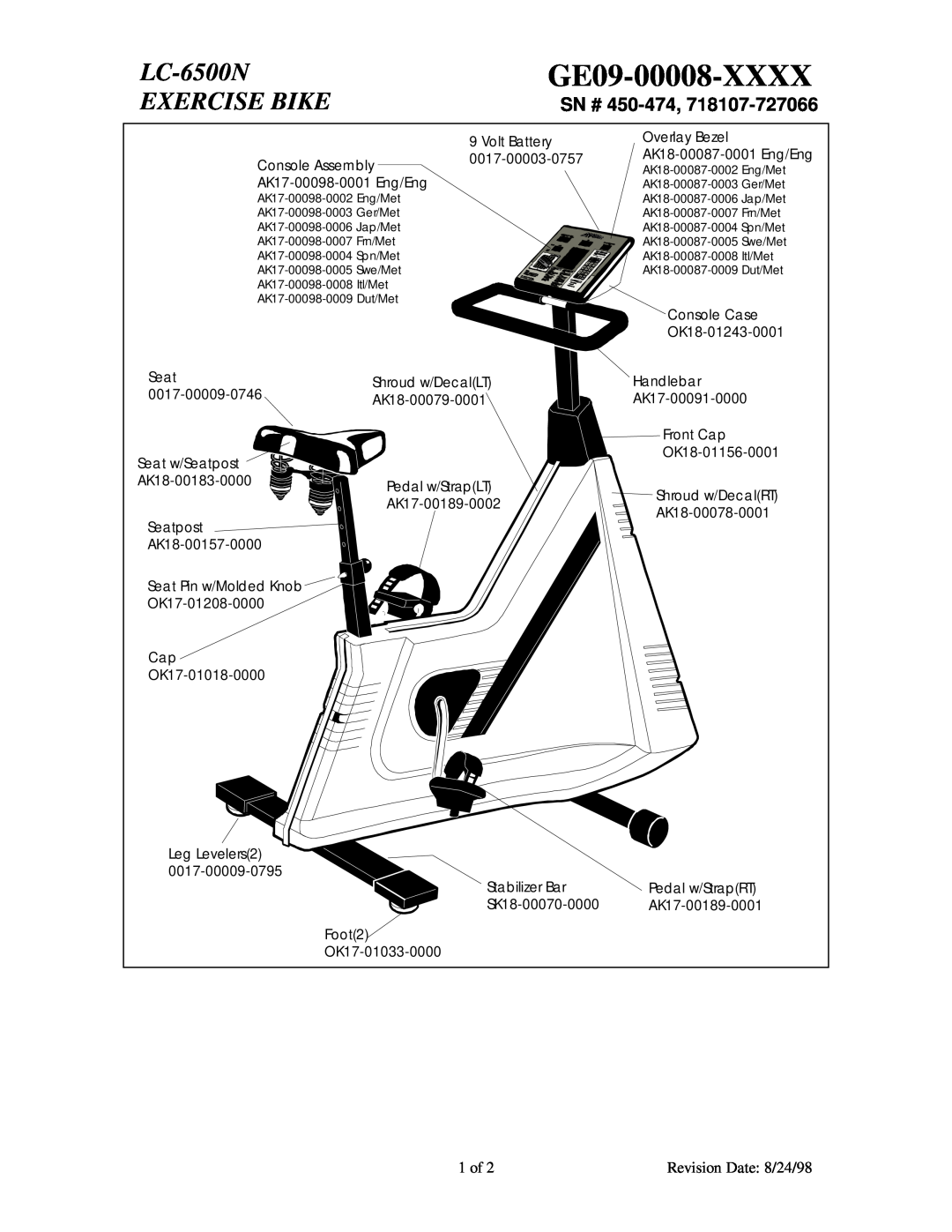 Life Fitness LC-6500N manual GE09-00008-XXXX, Exercise Bike, SN # 450-474, 1 of, Revision Date 8/24/98 