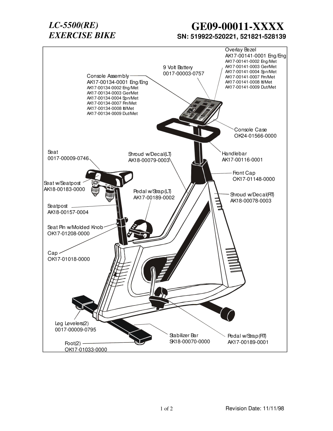 Life Fitness LC5500 (RE) manual GE09-00011-XXXX, Exercise Bike, SN 519922-520221 