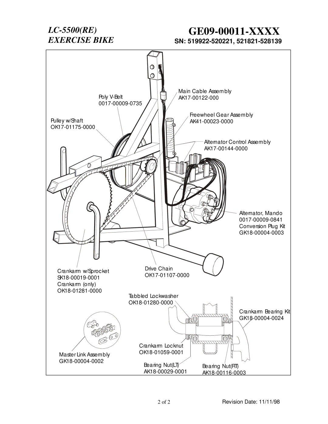 Life Fitness LC5500 (RE) manual Crankarm Bearing Kit, Crankarm Locknut, OK18-01059-0001, AK18-00029-0001 