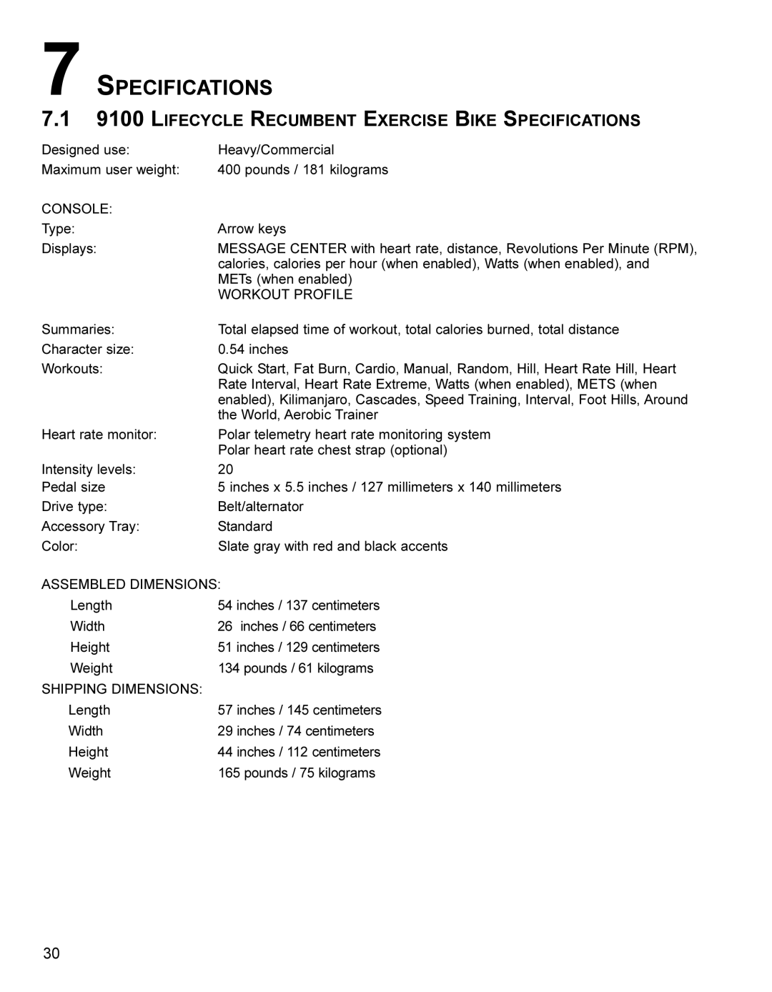 Life Fitness LC8500 operation manual Lifecycle Recumbent Exercise Bike Specifications 