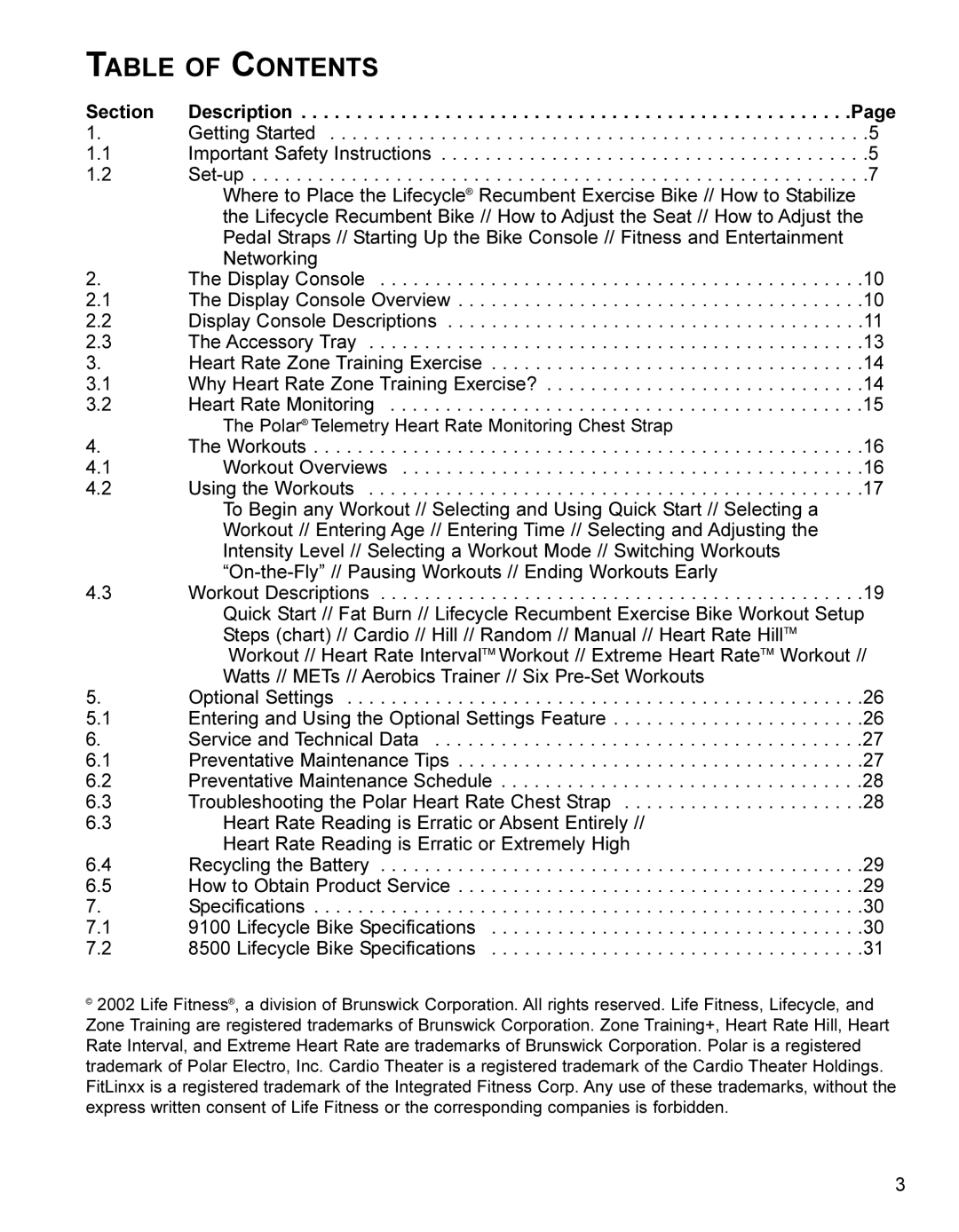 Life Fitness LC8500 operation manual Table of Contents 