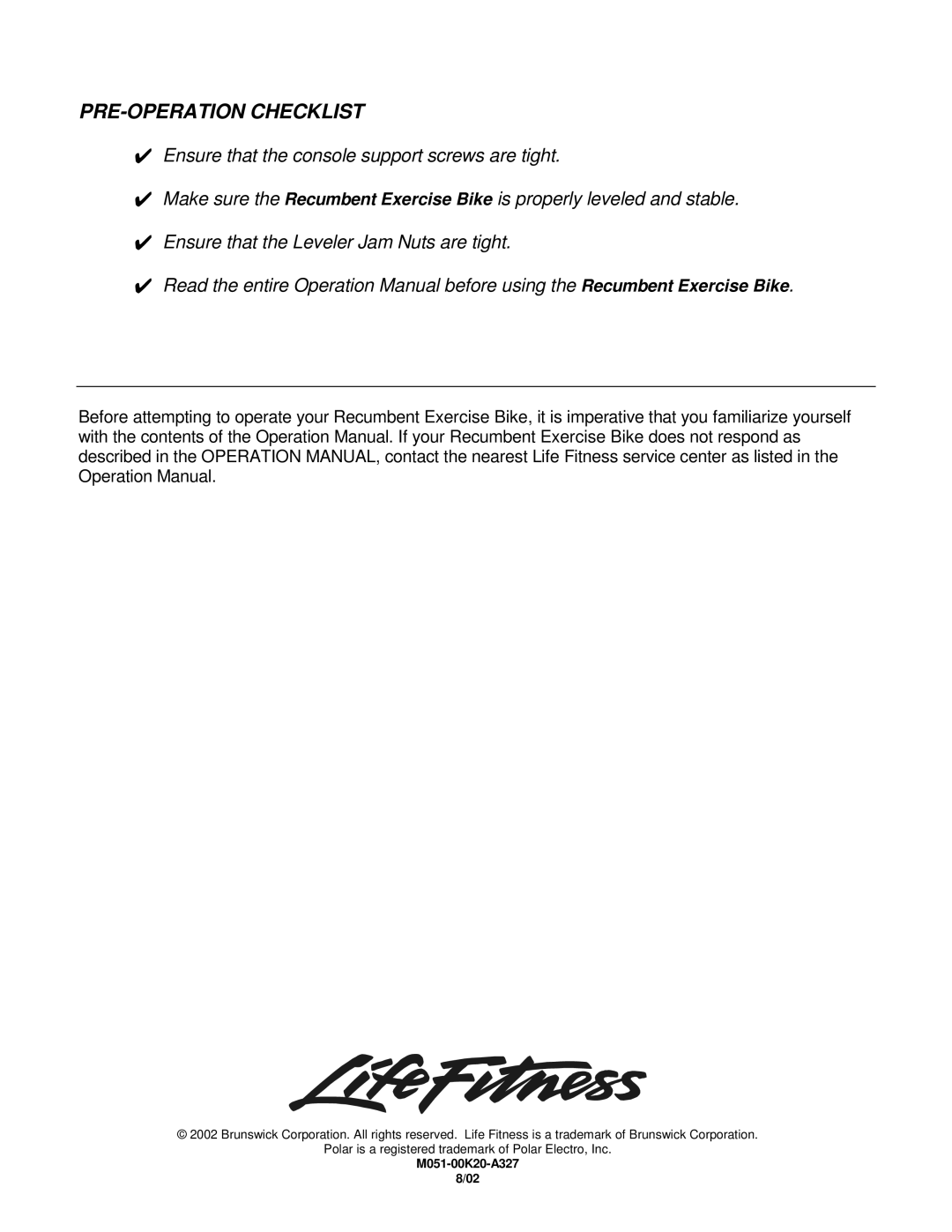 Life Fitness LC85R manual PRE-OPERATION Checklist 