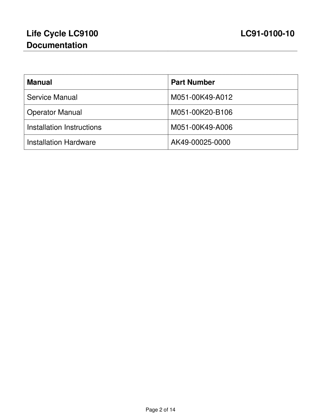 Life Fitness manual Life Cycle LC9100 LC91-0100-10 Documentation, Manual Part Number 