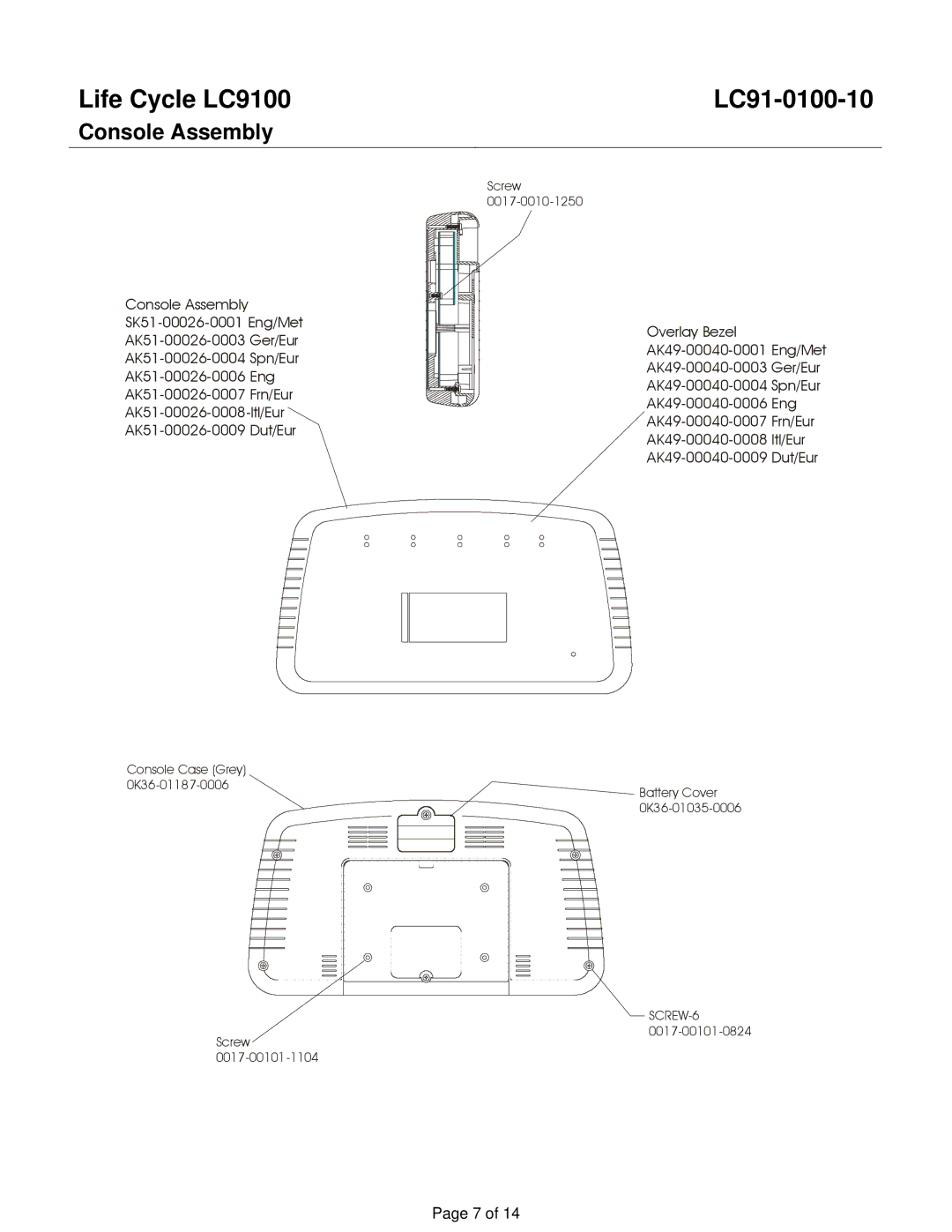 Life Fitness LC9100 manual Console Assembly 