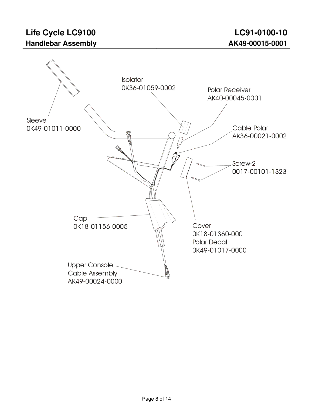 Life Fitness LC9100 manual Handlebar Assembly, AK49-00015-0001 