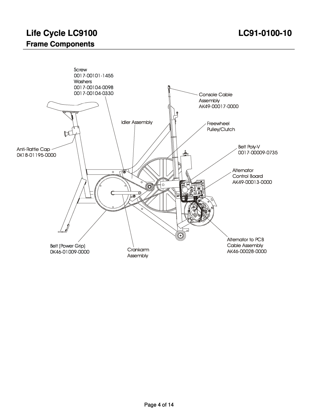 Life Fitness manual Life Cycle LC9100, LC91-0100-10, Frame Components, Screw, 0017-00101-1455, Washers, 0017-00104-0098 