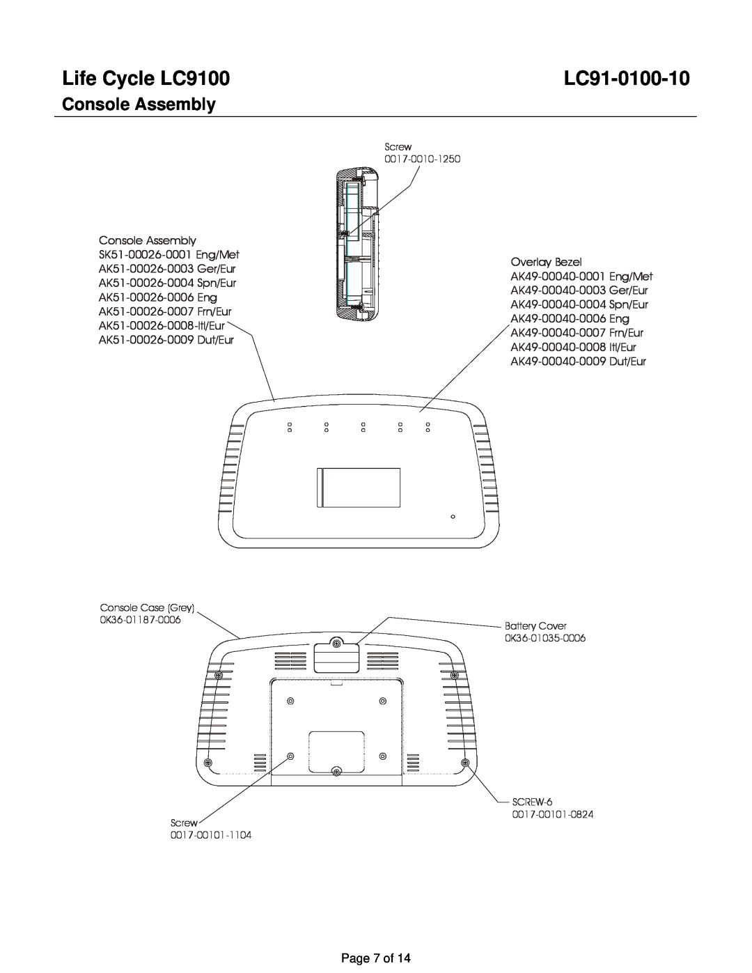 Life Fitness manual Console Assembly, Life Cycle LC9100, LC91-0100-10, Page 7 of 