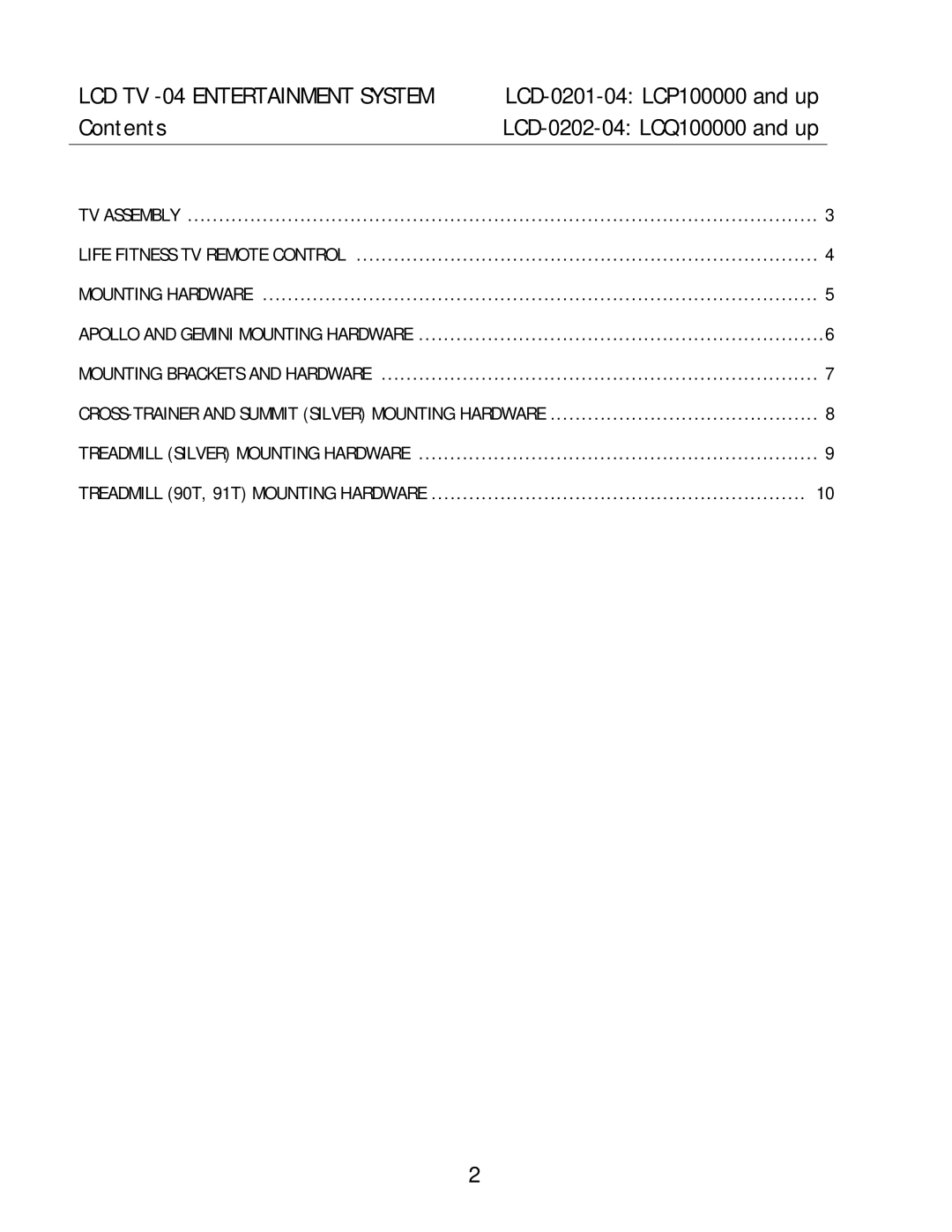 Life Fitness LCD-0202-04, LCD-0201-04 manual LCD TV -04 Entertainment System, Contents 