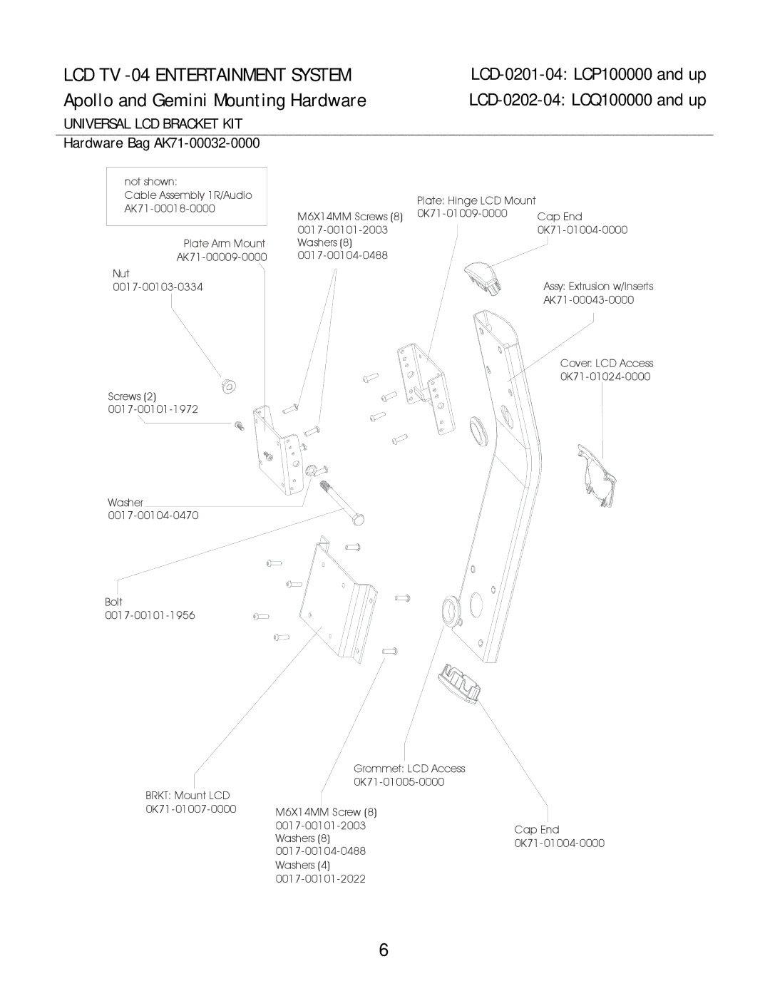 Life Fitness LCD-0202-04, LCD-0201-04 manual Apollo and Gemini Mounting Hardware, Universal LCD Bracket KIT 