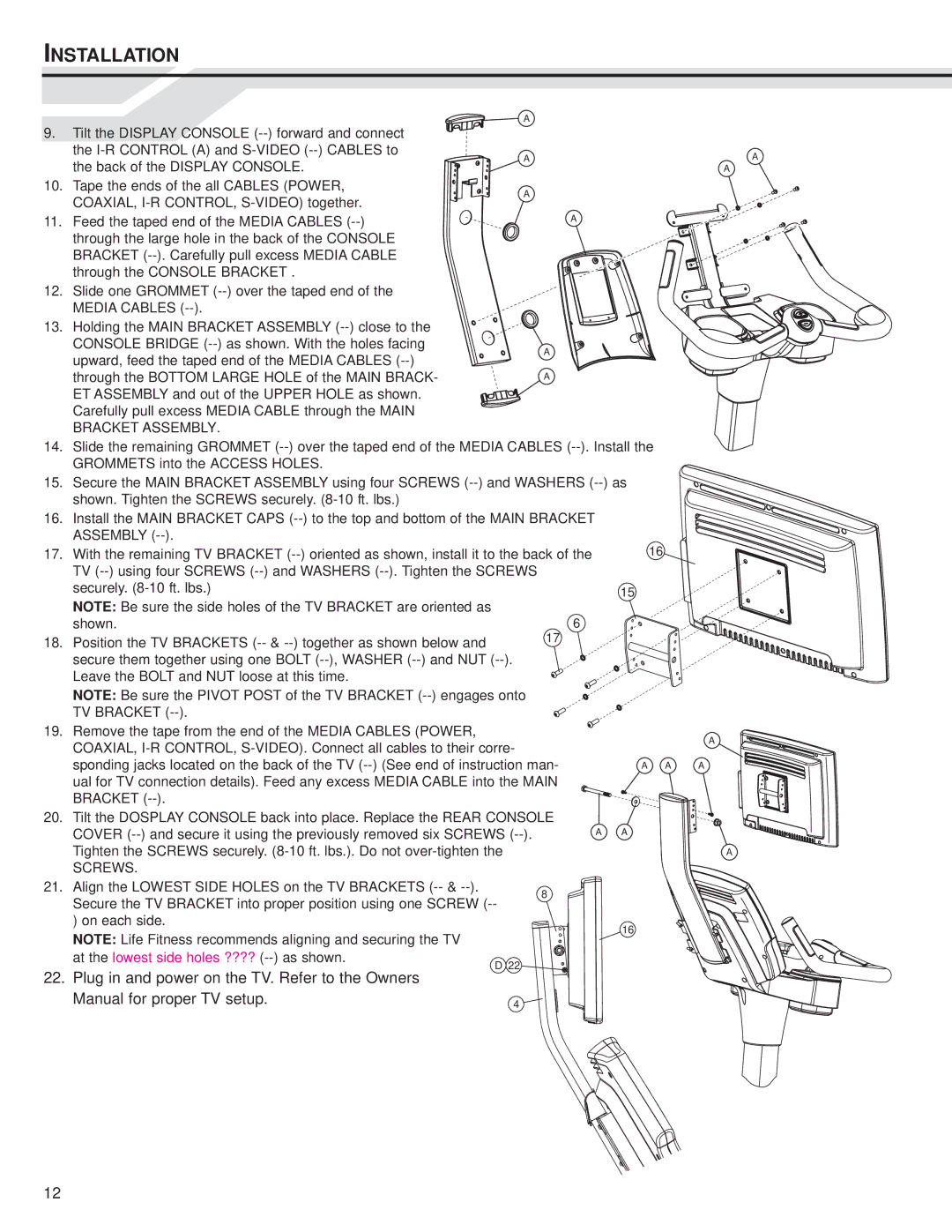 Life Fitness LCD Entertainment Ready installation instructions Bracket Assembly 