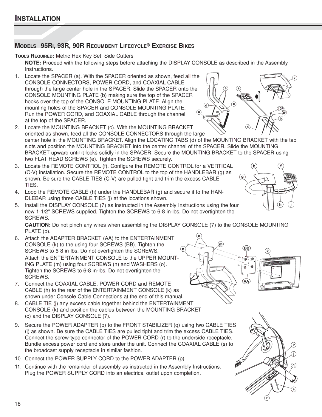 Life Fitness LCD Entertainment Ready installation instructions Models 95RI, 93R, 90R Recumbent Lifecycle Exercise Bikes 