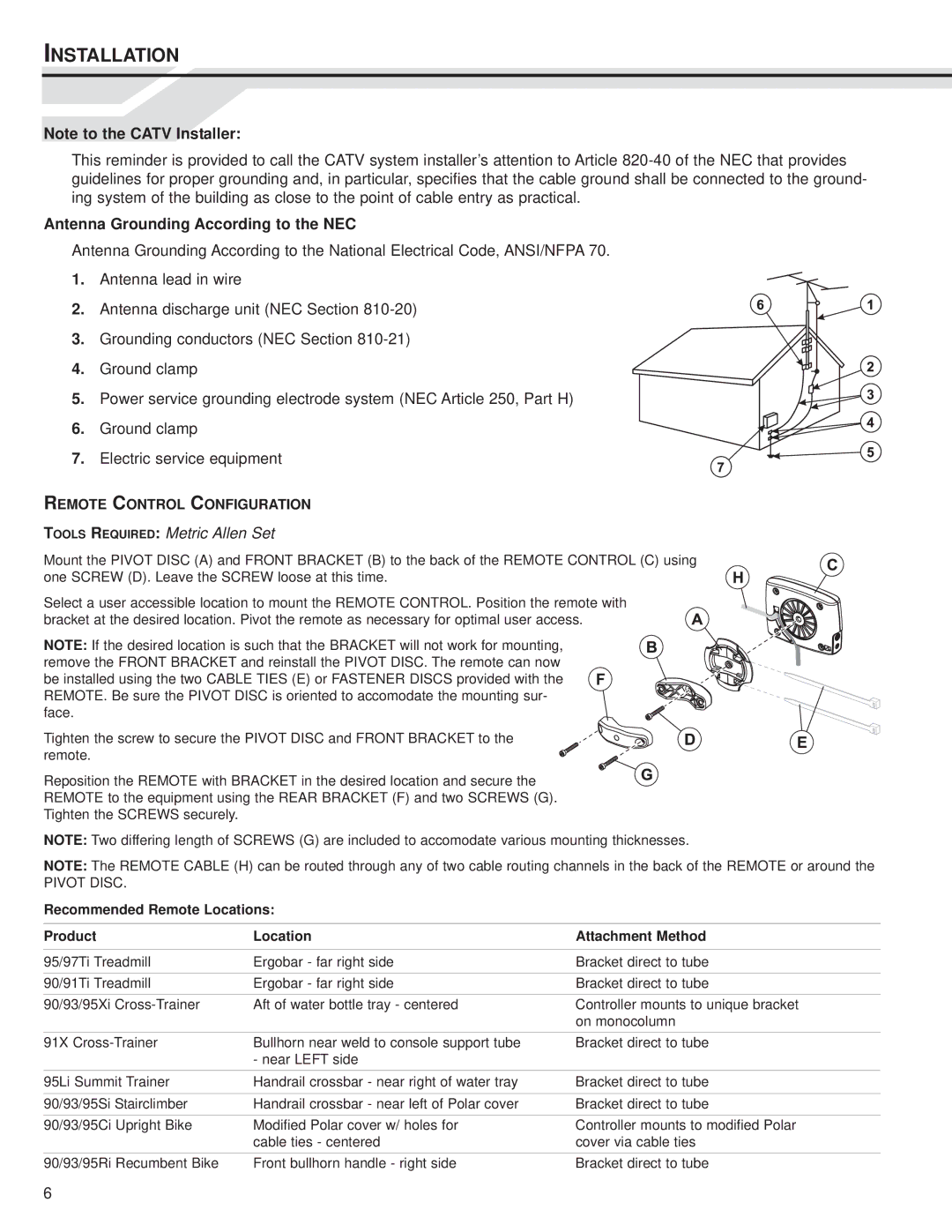 Life Fitness LCD Entertainment Ready installation instructions Installation, Antenna Grounding According to the NEC 