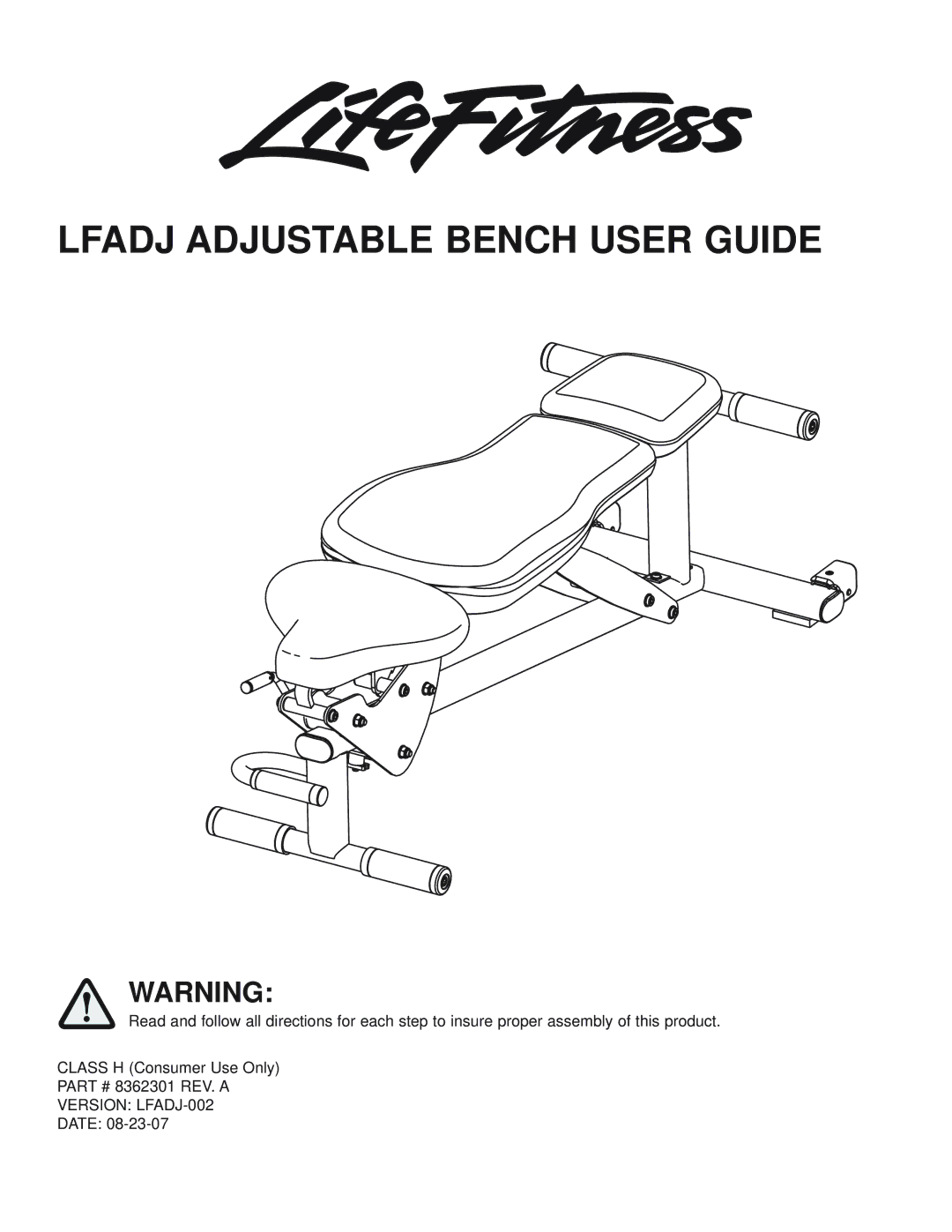 Life Fitness LFADJ manual Lfadj Adjustable Bench User Guide 